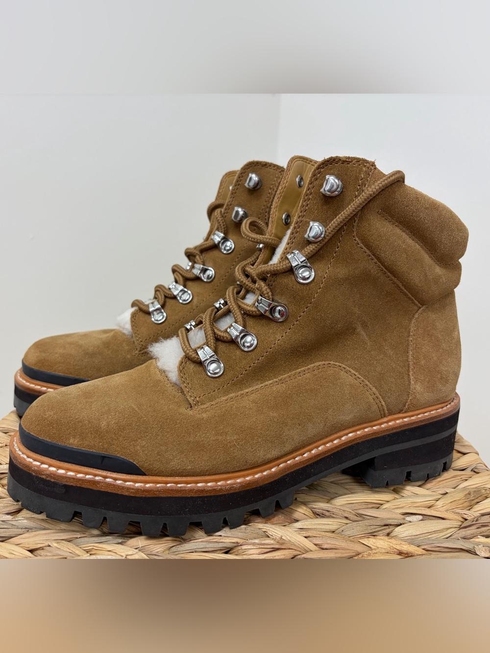 Marc Fisher Tan Suede Shearling-Lined Lug Boots